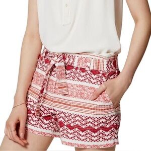 LOFT Fiesta Red White Mixed Print Linen Blend Tie Waist Shorts Womens 4